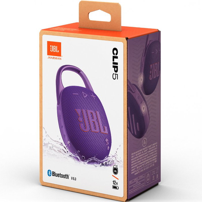JBL Clip 5 Altavoz Bluetooth Portátil, 7W, IP67 Resistente al Agua y Polvo, 12h Autonomía, Sonido JBL Pro, Color Púrpura